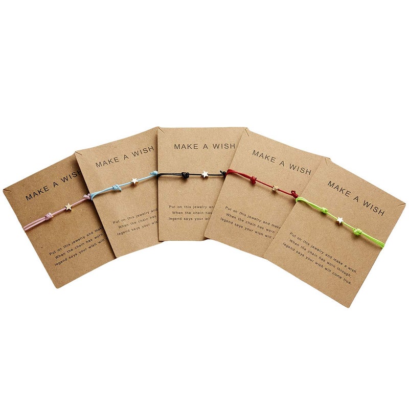 HUNO Simple Adjustable Braided Heart Shaped Bracelet with Wish Cards Star Wrap Wristband Bangle for Women Friendship Jewelry 5Pcs/Pack-Star - Image 1